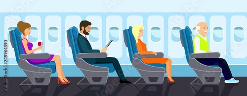 Passenger old man, young beautiful girls and businessman character sitting in chair on the plane . Vector flat style illustration.