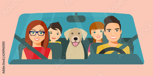 Funny  family driving in car front. Vector flat style illustration