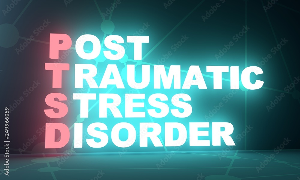 Acronym PTSD - Post Traumatic Stress Disorder. Helthcare conceptual image. 3D rendering. Neon bulb illumination