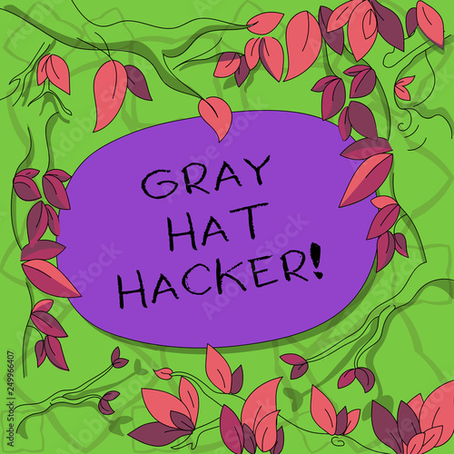 Text sign showing Gray Hat Hacker. Conceptual photo Computer security expert who may sometimes violate laws Tree Branches Scattered with Leaves Surrounding Blank Color Text Space