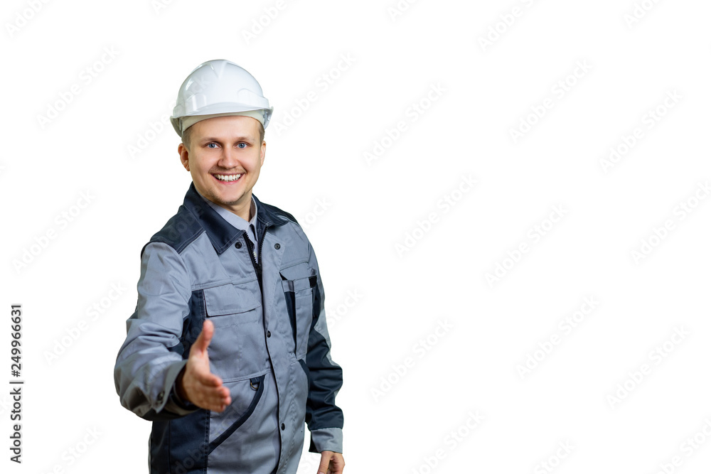 Senior engineer man , construction worker holds hands welcoming in handshake pose, expressing trust and success concept, greeting at work. Isolated Senior engineer man , construction worker holds hands welcoming in handshake pose, expressing trust and success concept, greeting at work. Isolated