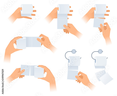 A human hands hold, wipe and tear off a toilet paper. The lavatory, wc and restroom vector element set isolated on white background. Flat concept illustration of hands with a rolls of toilet paper.