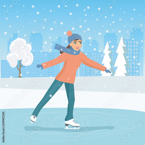 Young woman ice skating. Vector flat style illustration.