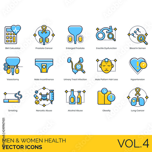 Men and women health icons including BMI calculator, enlarged prostate, erectile dysfunction, blood in semen, vasectomy, male incontinence, urinary tract infection, pattern hair loss, hypertension, sm