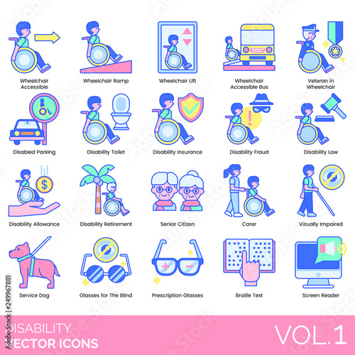 Disability icons including wheelchair accessible, ramp, lift, bus, veteran, disabled parking, toilet, insurance, fraud, law, allowance, retirement, senior citizen, carer, visually impaired, service.