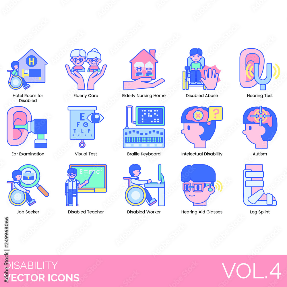 Disability icons including hotel room for disabled, elderly care, nursing home, abuse, hearing test, ear examination, visual, braille keyboard, intellectual, autism, job seeker, teacher, worker, aid.