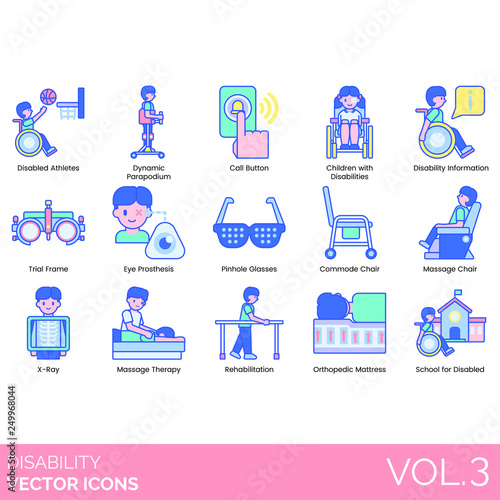 Disability icons including disabled athletes, dynamic parapodium, call button, children with disabilities, information, trial frame, eye prosthesis, pinhole glasses, commode chair, massage, x-ray.