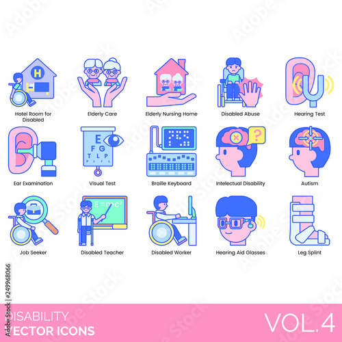Disability icons including hotel room for disabled, elderly care, nursing home, abuse, hearing test, ear examination, visual, braille keyboard, intellectual, autism, job seeker, teacher, worker, aid.