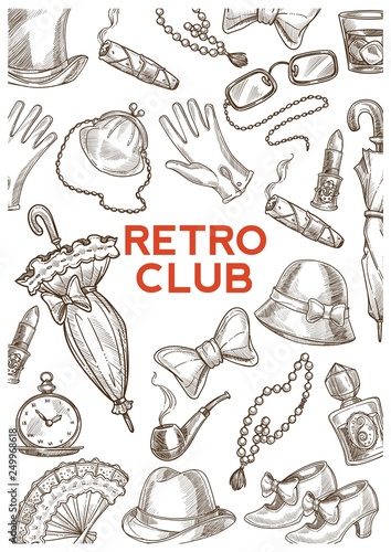 Retro club vintage accessories hats and umbrellas sketch