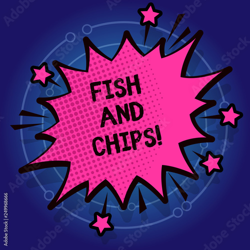 Writing note showing Fish And Chips. Business photo showcasing Seafood with fries typical food form United Kingdom