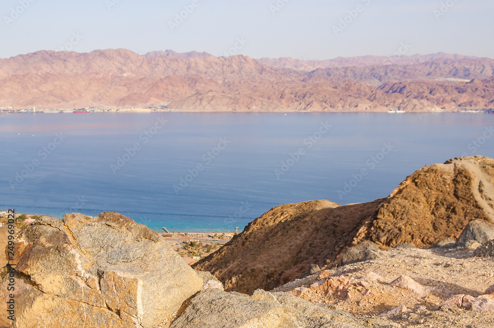 Amazing panoramic view on Red Sea, Jordan, Saudi Arabia from Mountain or Har Cfachot in Eilat ,Israel