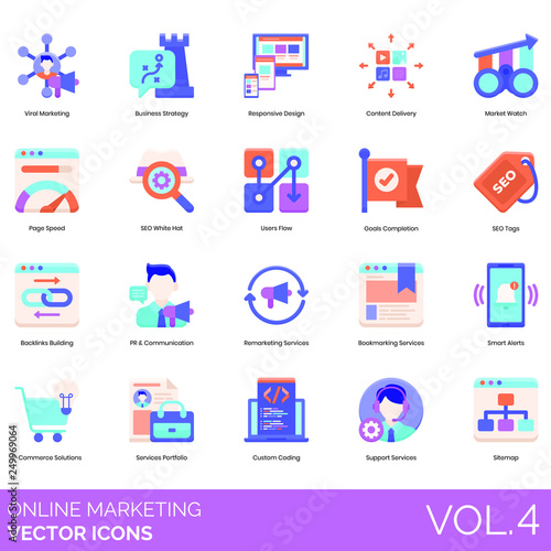 Online marketing icons including viral, business strategy, responsive design, content delivery, market watch, page speed, SEO white hat, users flow, goals completion, tags, backlinks building, PR.