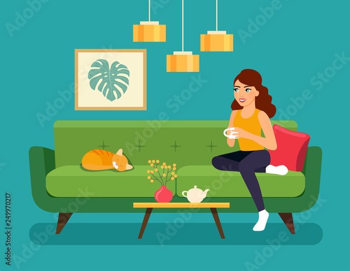 Young woman  sitting on sofa isolated. Vector flat style illustration