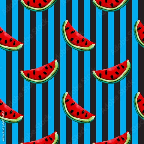 Colorful plasticine handmade 3D watermelon pieces seamless pattern on stripped background isolated 