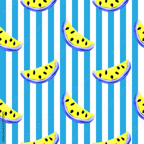 Colorful plasticine handmade 3D watermelon pieces seamless pattern on stripped background isolated 