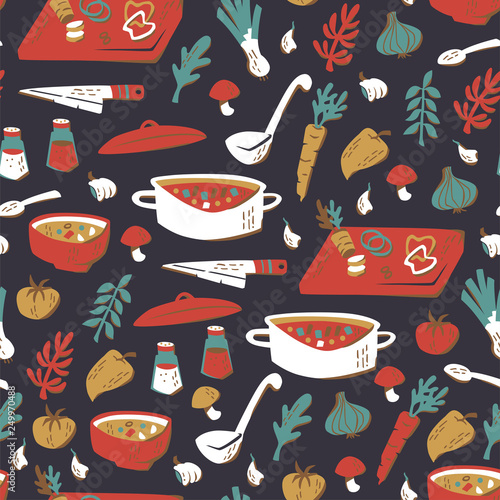 Doodle Hand Drawn Vegetable Soup Seamless Pattern. Vector Illustration.