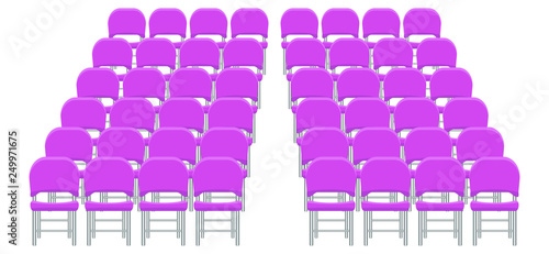 Group of purple plastic chairs with flat and solid color design.
