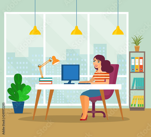 Young happy woman working at her office. Vector flat style illustration