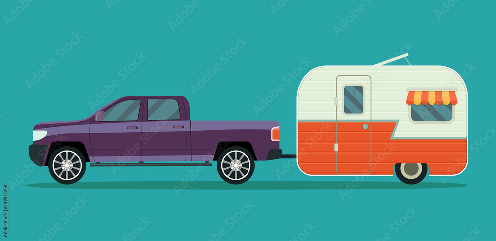 Pickup truck and trailers caravan isolated. Vector flat style illustration