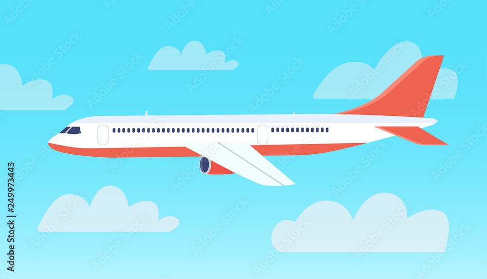 Passenger plane flying in the sky. Vector flat style ilustration Passenger plane flying in the sky. Vector flat style ilustration