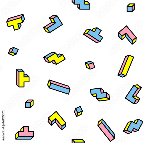 Abstract background with tetris game falling shapes. Seamless pattern.