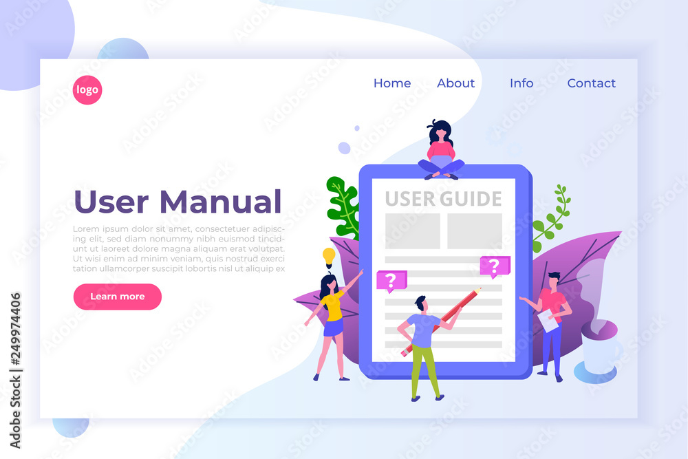 User manual flat style concept. People with guide instruction are discussing about content of handbook. Vector illustration. User manual flat style concept. People with guide instruction are discussing about content of handbook. Vector illustration.