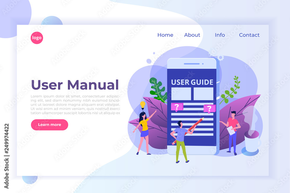 User manual flat style concept. People with guide instruction are discussing about content of handbook. Vector illustration. User manual flat style concept. People with guide instruction are discussing about content of handbook. Vector illustration.