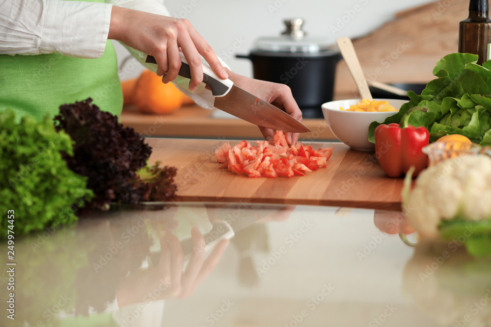 Unknown human hands cooking in kitchen. Woman slicing red tomatoes. Healthy meal, and vegetarian food concept