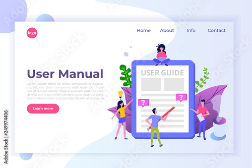 User manual flat style concept. People with guide instruction are discussing about content of handbook. Vector illustration.