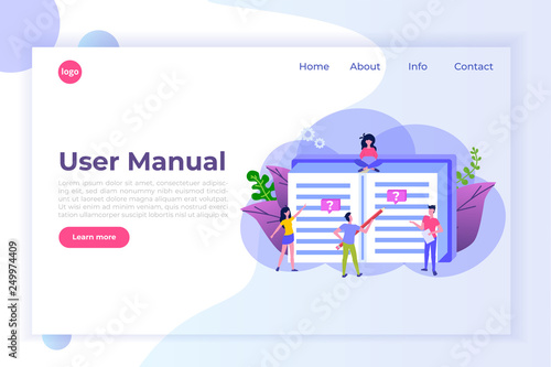 User manual  flat style concept. People with guide instruction are discussing about content of handbook. Vector illustration.