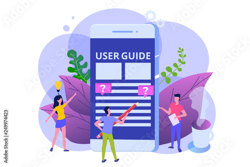 User manual  flat style concept. People with guide instruction are discussing about content of handbook. Vector illustration.