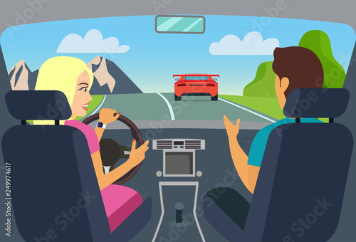 Woman and man sitting in the car. Travelling by car. Vector flat style illustration