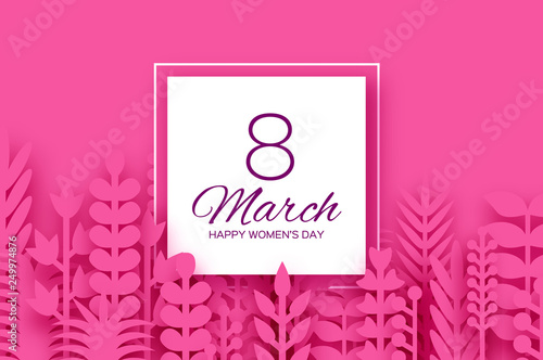 8 March. Origami Spring Flowers for Happy Womens day. Mixed pink Paper cut outs plants, flowers, palm tropical leaves for window display. Square frame for text. Mothers Day. Happy holidays.