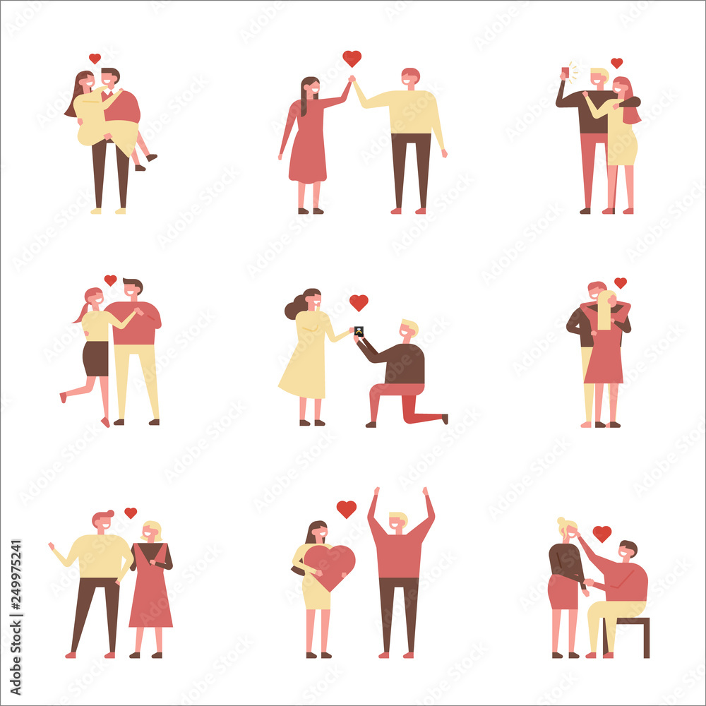 Lovers character set in various poses. flat design style minimal vector illustration Lovers character set in various poses. flat design style minimal vector illustration