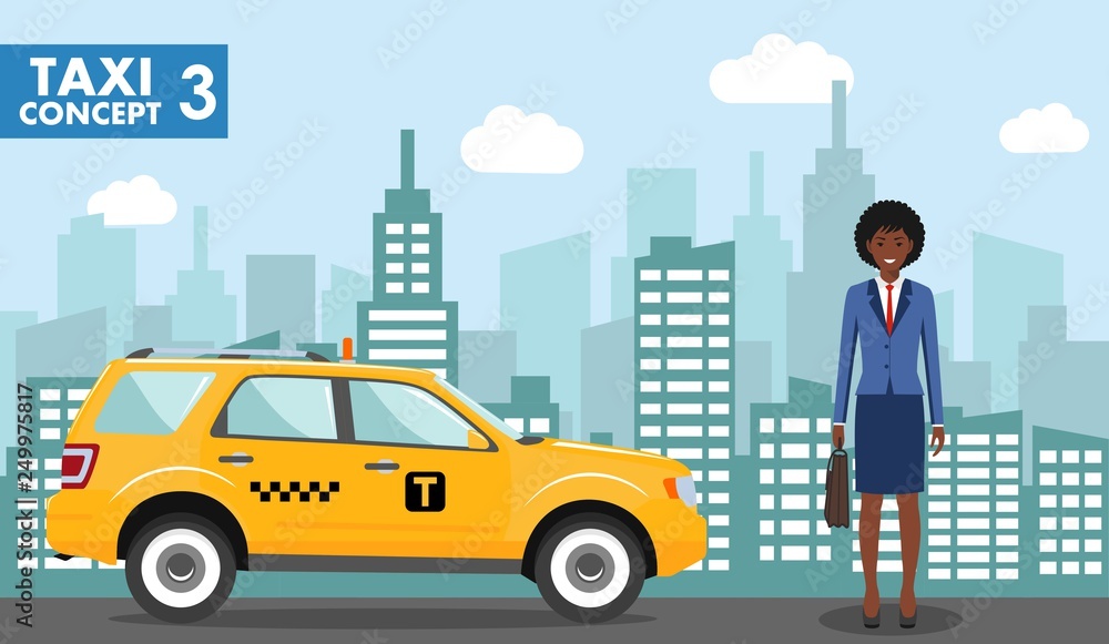 Taxi service concept. Detailed illustration of african american businesswoman on background with taxi and cityscape in flat style. Vector illustration.