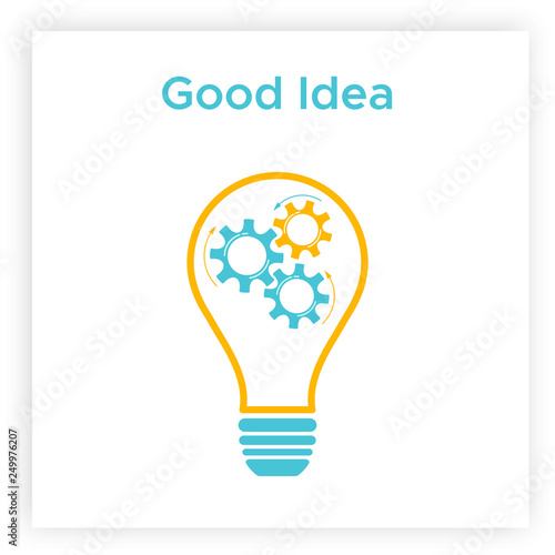 Gear lightbulb creative teamwork concept vector illustration. Orange bulb silhouette with blue cogwheel inside innovation ideas graphic. Line lamp with gear mechanism creative team business concept