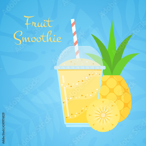 Yellow vitamin natural pineapple smoothie vector illustration. Layered juicy pulp beverage or protein shake cocktail with pineapple fruit on blue tropical background for smoothies cafe design