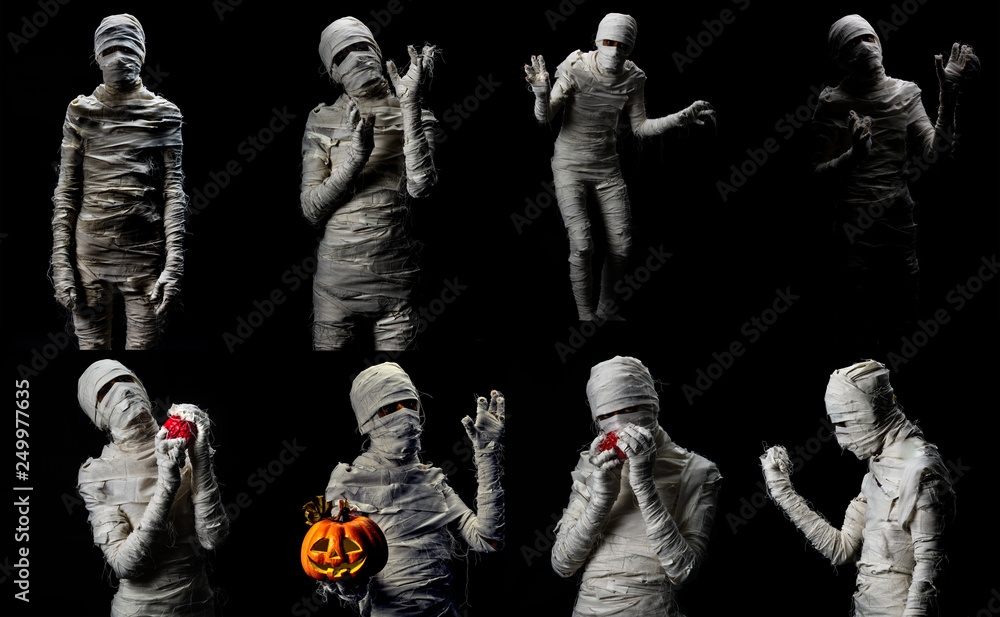 Set of studio shot portrait of young man in costume dressed as cosplay of scary mummy pose in several manners on black background.