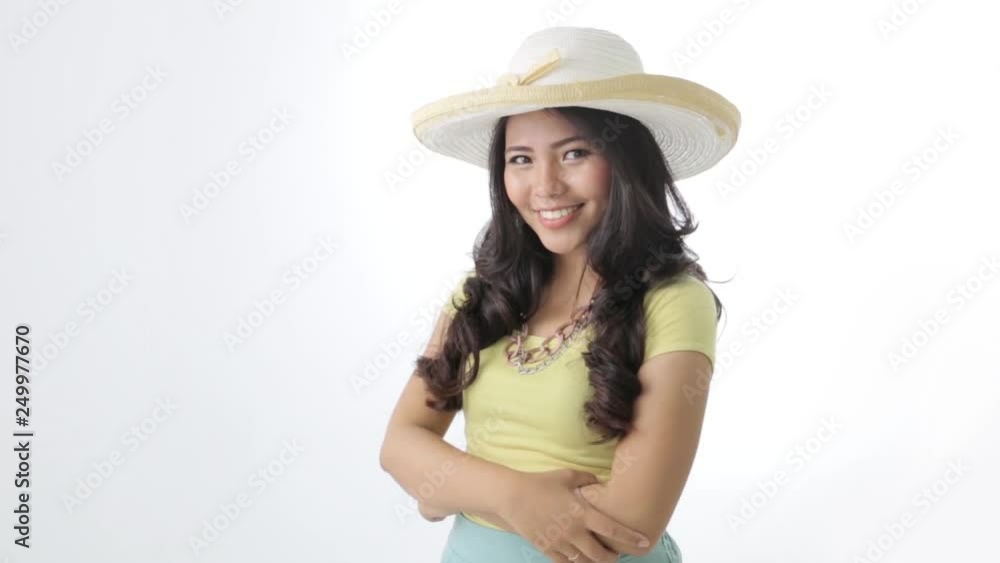 attractive asian happy young woman with hat welcoming summer holiday attractive asian happy young woman with hat welcoming summer holiday