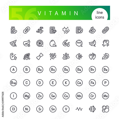 Set of 56 vitamins, minerals, amino acids and other dietary supplement line icons suitable for web, infographics and apps. Isolated on white background. Clipping paths included. photo
