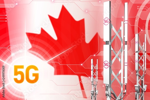 Canada 5G industrial illustration, large cellular network mast or tower on modern background with the flag - 3D Illustration