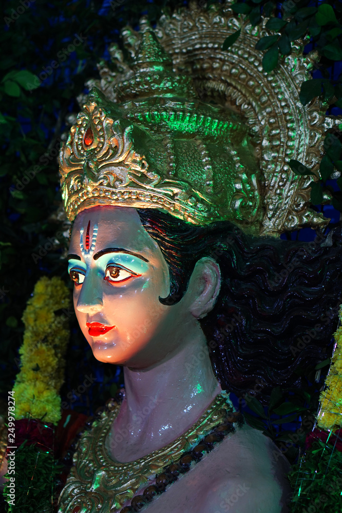 Close-up view of Indian Hindu God Vishnu idol in a temple