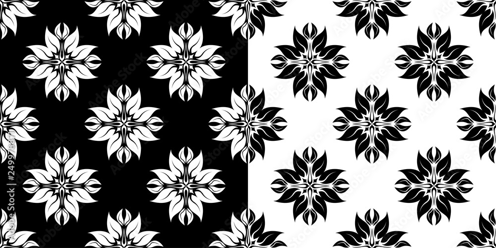 Floral seamless patterns. Black and white backgrounds compilation Floral seamless patterns. Black and white backgrounds compilation