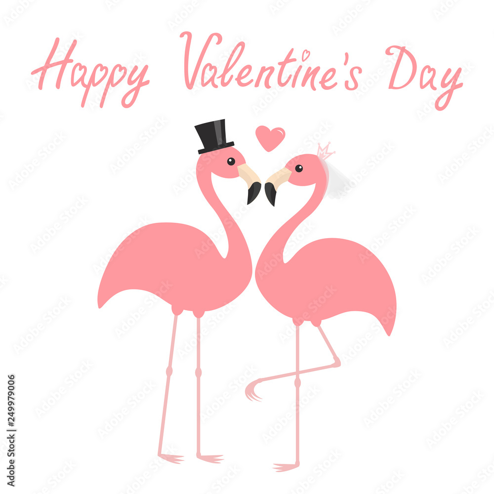 Happy Valentines Day. Two pink flamingo set. Wedding couple. Bride and groom. Black hat, veil, heart. Exotic tropical bird. Cute cartoon character. Zoo animal. Flat design. White background. Happy Valentines Day. Two pink flamingo set. Wedding couple. Bride and groom. Black hat, veil, heart. Exotic tropical bird. Cute cartoon character. Zoo animal. Flat design. White background.