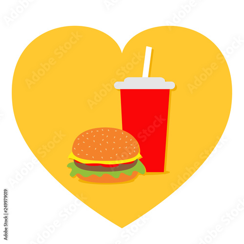 Burger. Soda drink glass with straw Icon set. Heart shape. I love Movie Cinema. Fast food menu. Flat design. White background. Isolated.