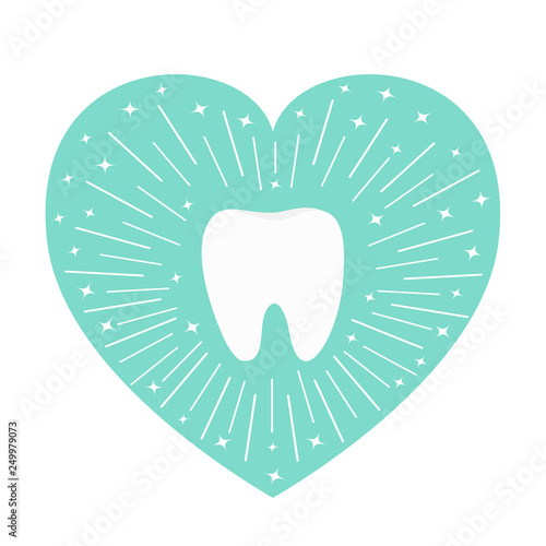 Healthy tooth icon. Heart shape. Round line circle. Oral dental hygiene. Children teeth care. Shining effect stars. Blue background. Isolated. Flat design.