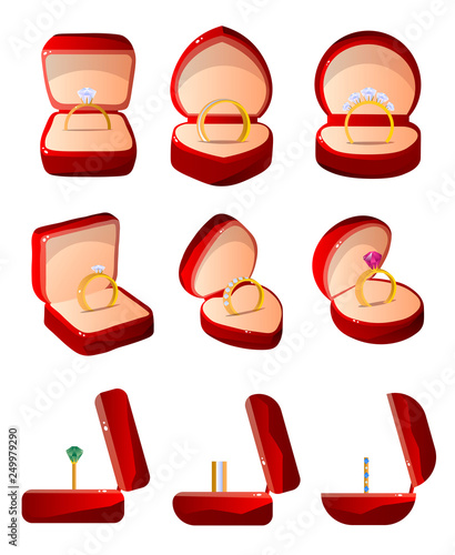 Collection of Red Velvet Opened Gift Boxes with Rings, Jewelry Cases of Various Shapes Vector Illustration