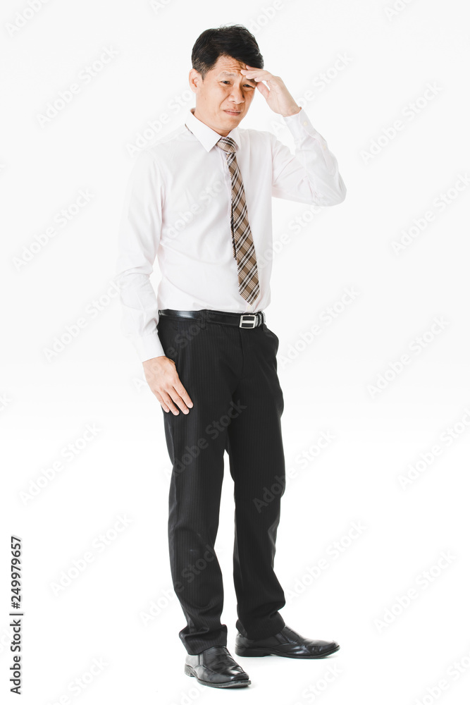 Half-length portrait of middle aged, handsome, Asian, businessman, in white shirt, striped tie.suffer from acute migraine, grimace, frown, painful from headache, on isolated white background Half-length portrait of middle aged, handsome, Asian, businessman, in white shirt, striped tie.suffer from acute migraine, grimace, frown, painful from headache, on isolated white background