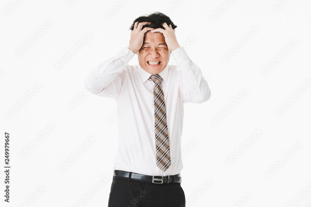 Half-length portrait of middle aged, handsome, Asian, businessman, in white shirt, striped tie.suffer from acute migraine, grimace, frown, painful from headache, on isolated white background Half-length portrait of middle aged, handsome, Asian, businessman, in white shirt, striped tie.suffer from acute migraine, grimace, frown, painful from headache, on isolated white background