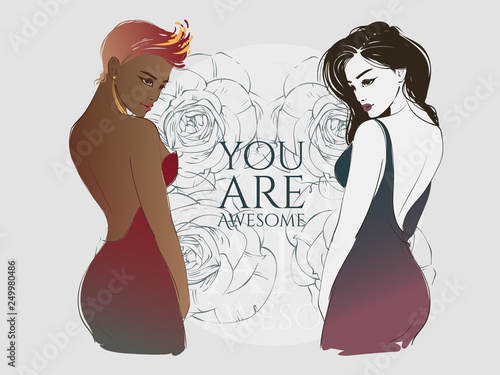 Beautiful young women with long hair in a fashion evening dress. Hand drawn vector illustration